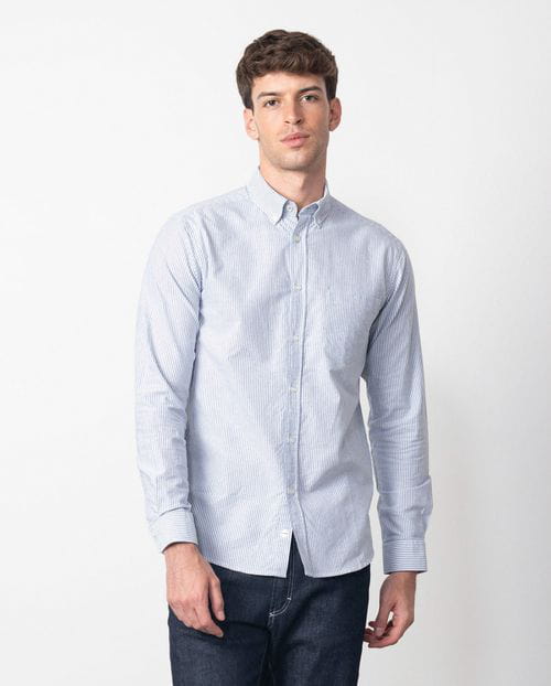 Etiem Camisa sport regular fit de oxford en rayas bicolor con botón en el cuello Venta caliente