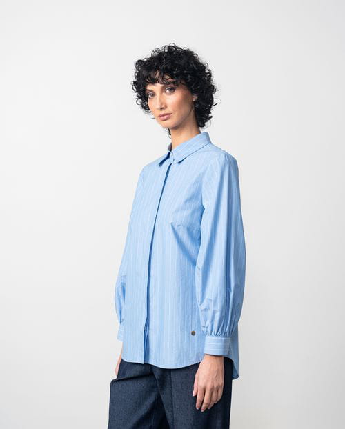 Etiem Camisa en popelín azul de rayas con manga abullonada Oferta especial