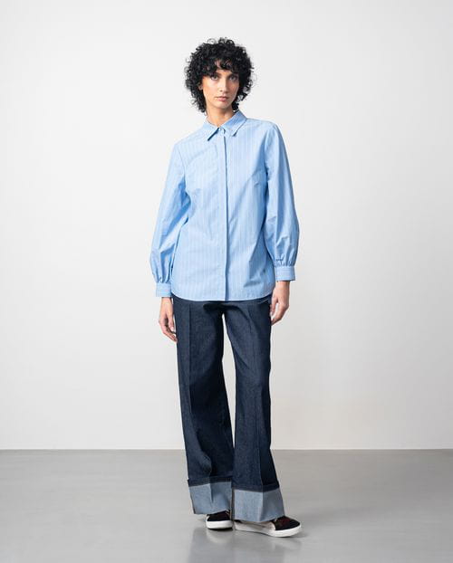 Etiem Camisa en popelín azul de rayas con manga abullonada Oferta especial