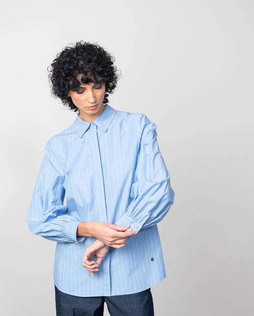 Etiem Camisa en popelín azul de rayas con manga abullonada Oferta especial