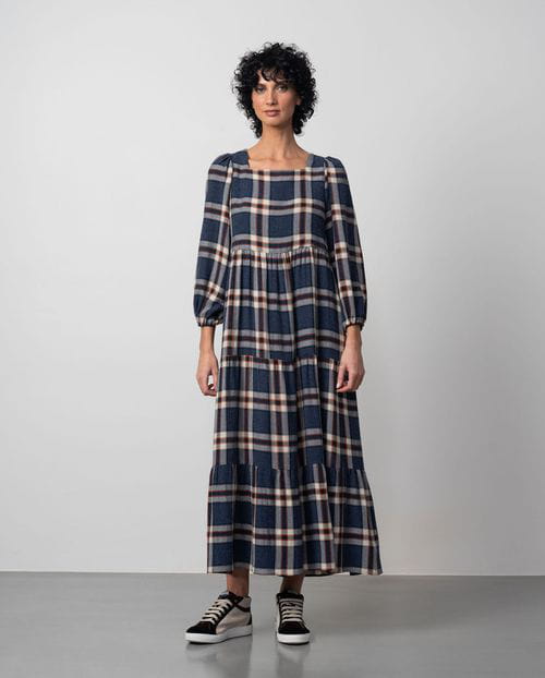 Etiem Vestido largo fruncido en lana-viscosa de cuadros Madrás Oferta especial de fábrica