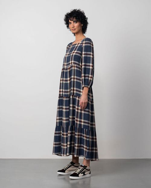 Etiem Vestido largo fruncido en lana-viscosa de cuadros Madrás Oferta especial de fábrica
