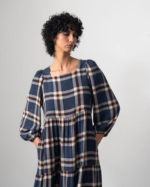 Etiem Vestido largo fruncido en lana-viscosa de cuadros Madrás Oferta especial de fábrica