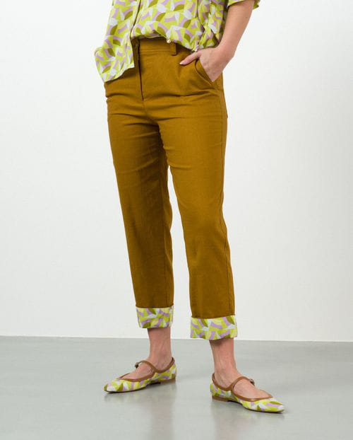 Etiem Pantalón tobillero de lino con contraste en el bajo Venta caliente