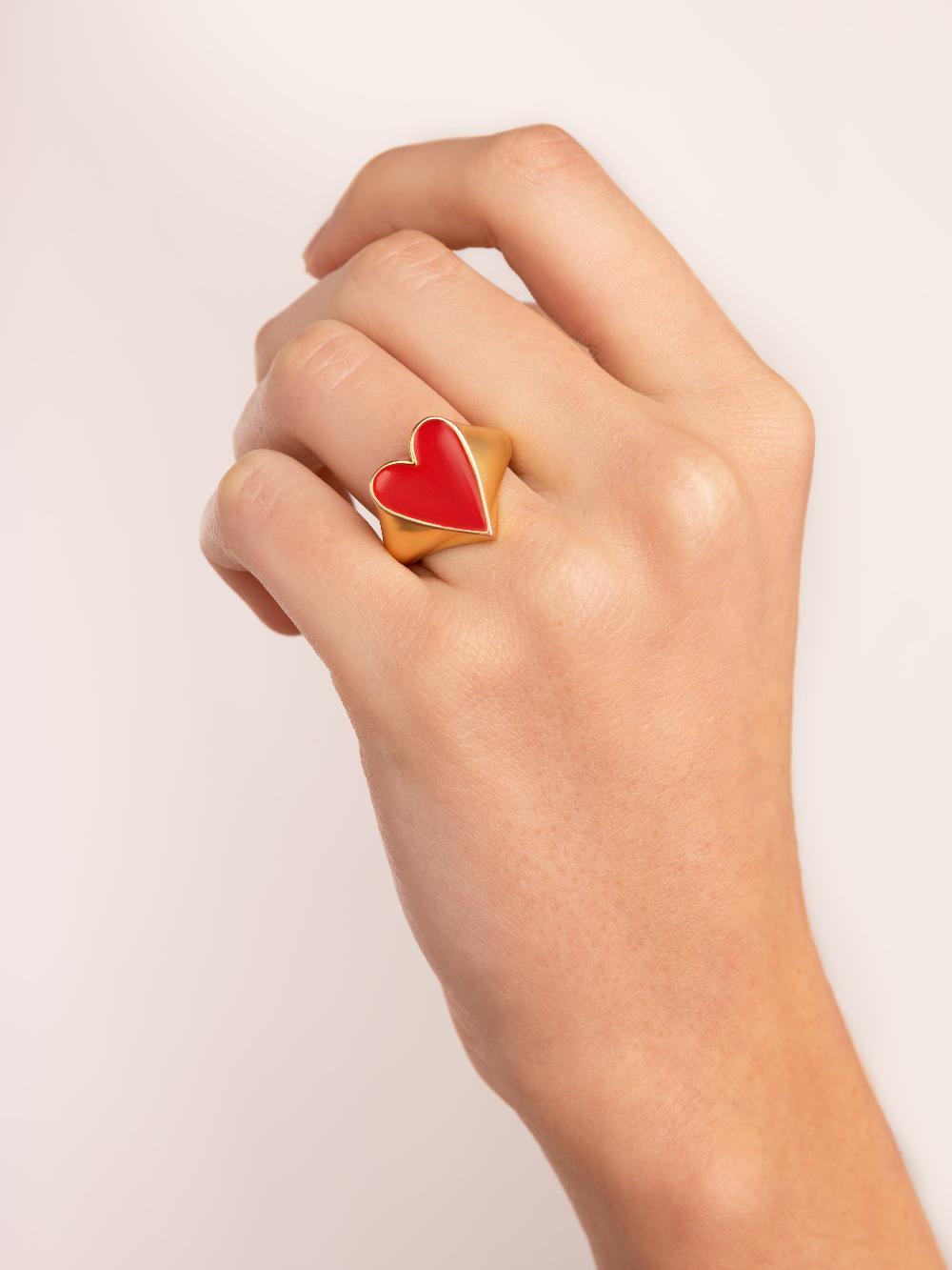 singularu Anillo Lovely Heart Red Enamel Baño Oro Oferta especial