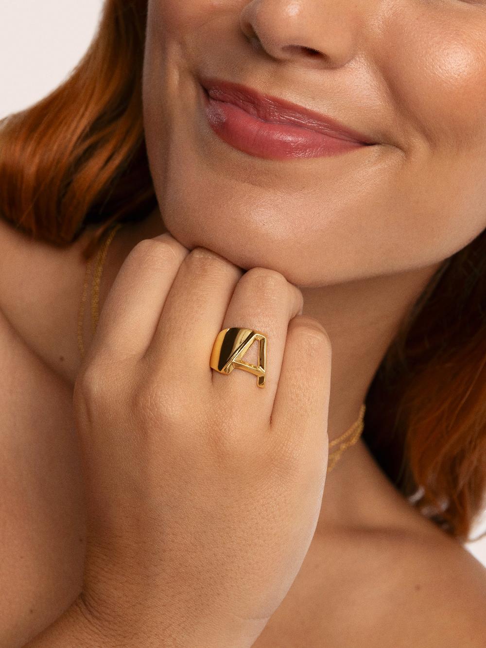 singularu Anillo Personalizado Letter Signet Baño Oro Superdescuento
