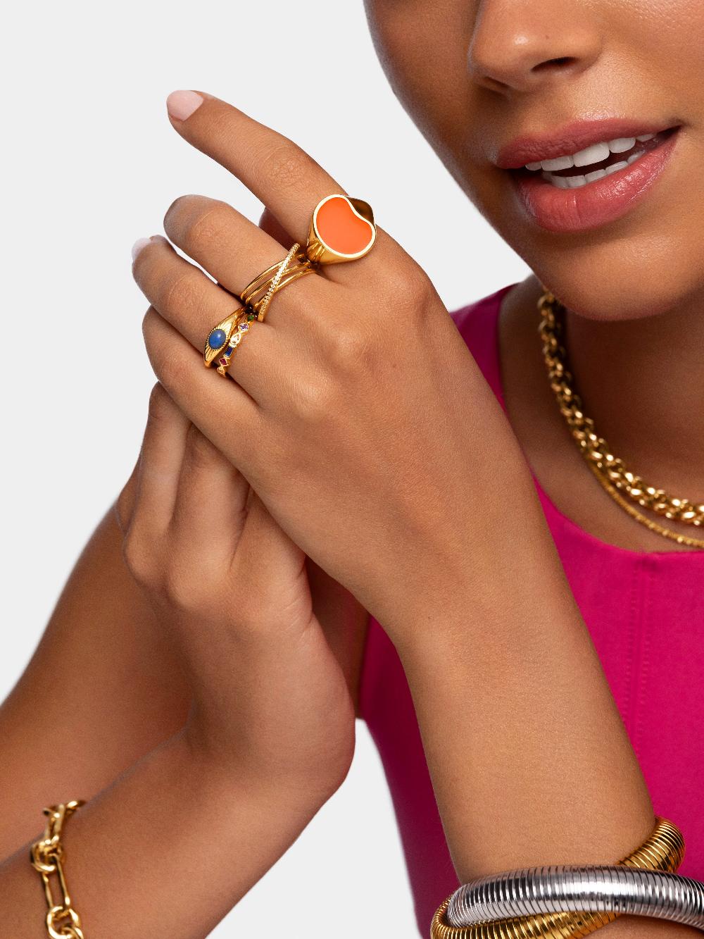 singularu Anillo Signet Bean Neon Orange Enamel Baño Oro Última moda