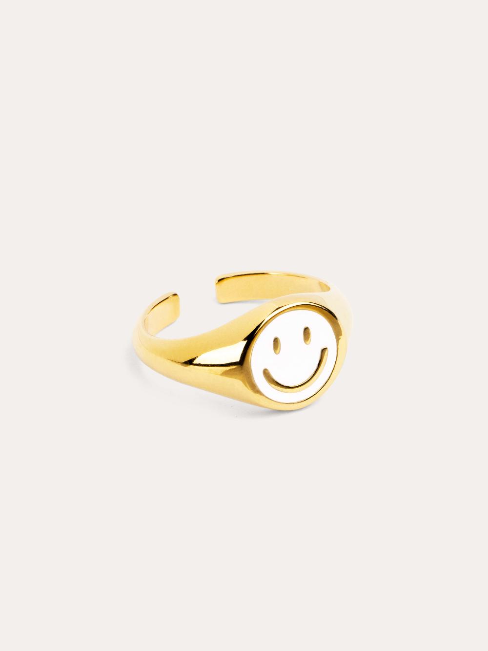 singularu Anillo Smiley White Enamel Baño Oro