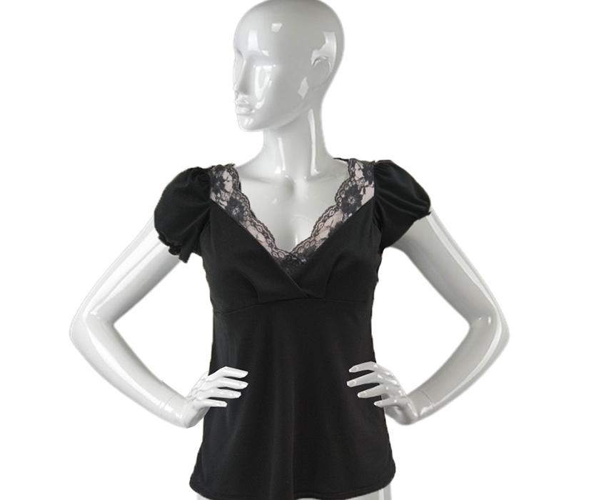 ﻿susana escribano Camiseta manga corta negra con escote y puntilla Rebajas online