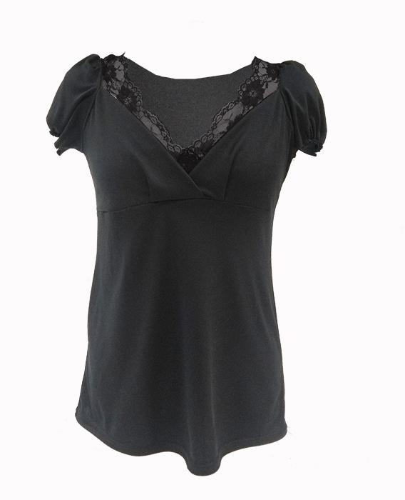 ﻿susana escribano Camiseta manga corta negra con escote y puntilla Rebajas online