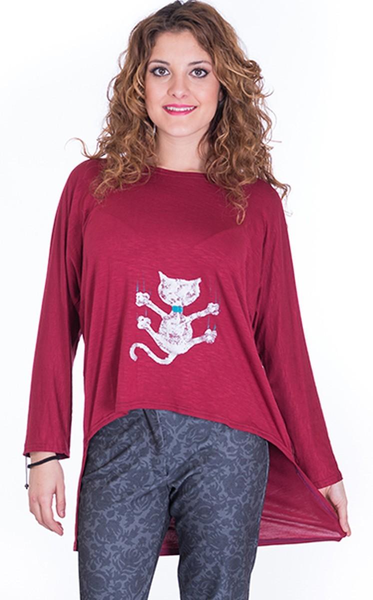 susana escribano Camisetas de mujer basica granate. Gato Oferta especial de fábrica