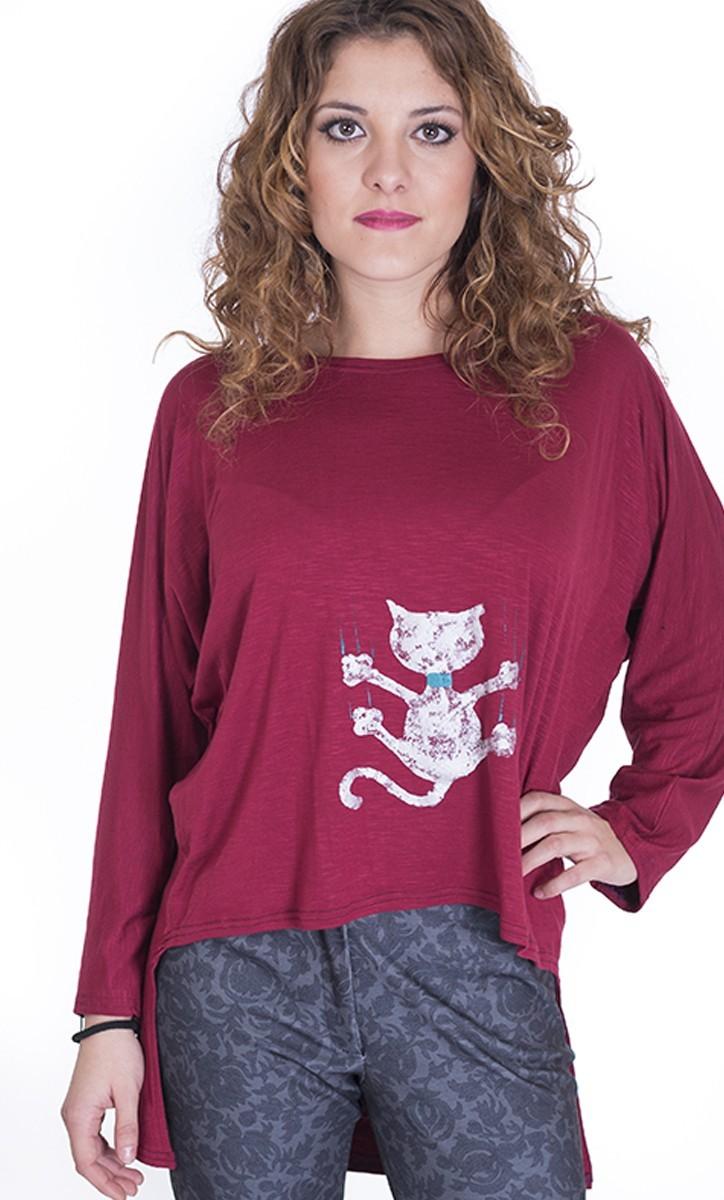 susana escribano Camisetas de mujer basica granate. Gato Oferta especial de fábrica