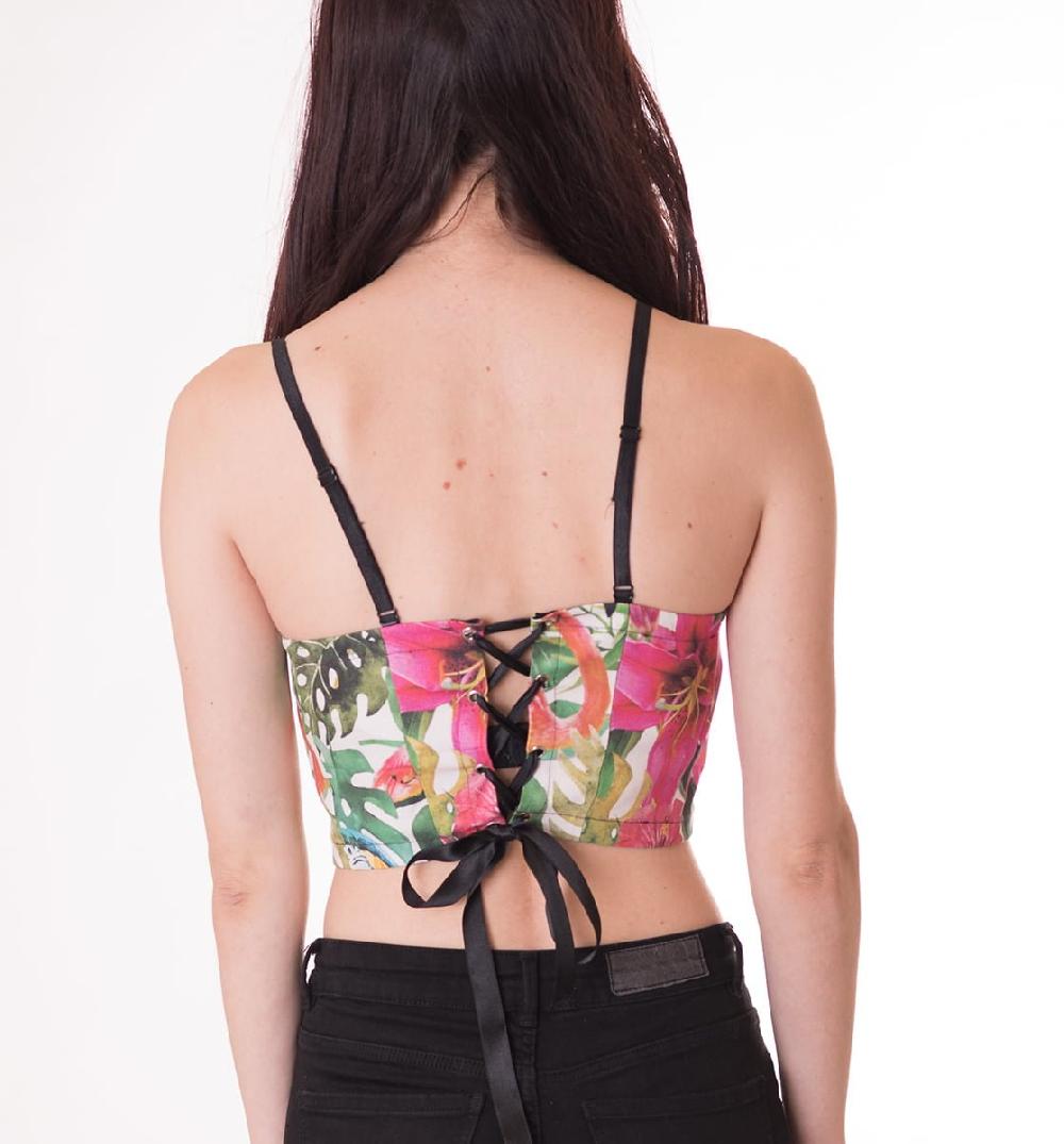 susana escribano Top crop. Top con estampado tropical Oferta especial de fábrica