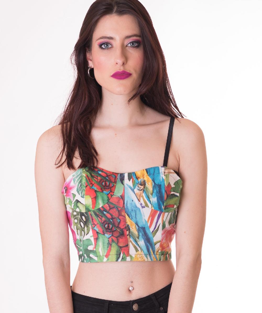 susana escribano Top crop. Top con estampado tropical Oferta especial de fábrica
