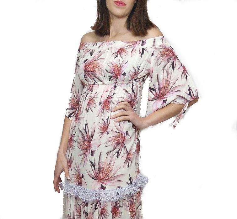susana escribano Vestido escote bardot invitada de boda. Vestido largo en rebajas Grandes ahorros
