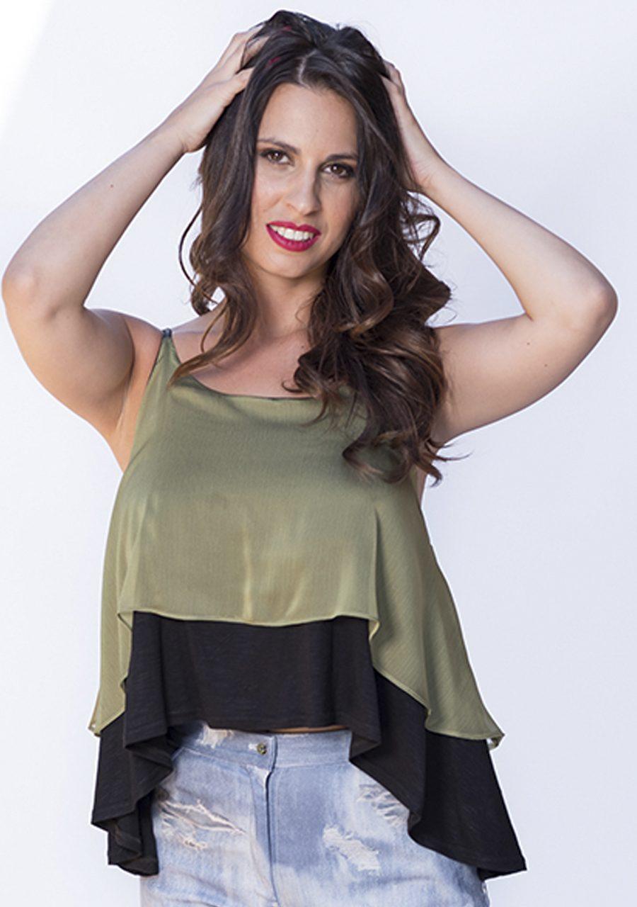 susana escribano Blusa gasa de color verde y negro Ventas relámpago