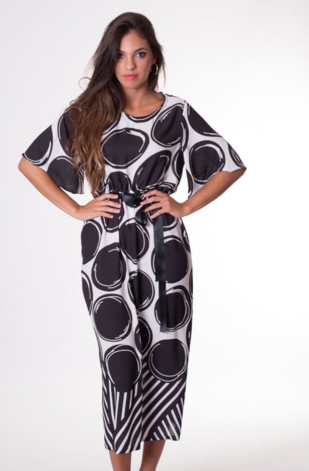 susana escribano Vestido de gala. Blanco negro topos En oferta
