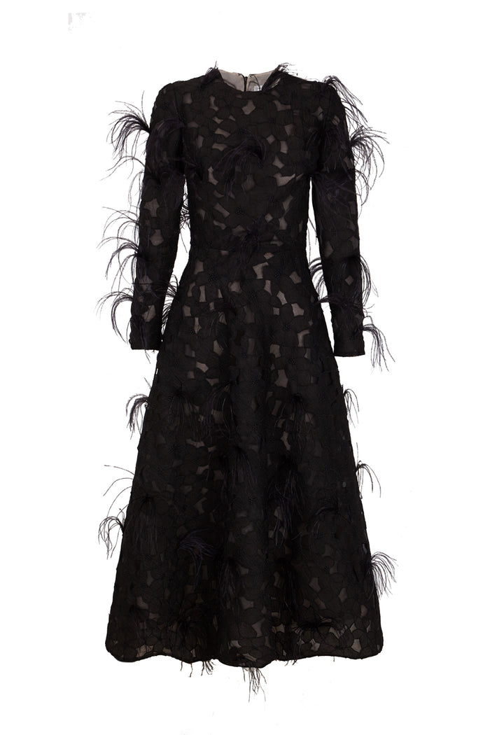 the 2nd skin co. Vestido midi de guipur con plumas y manga larga