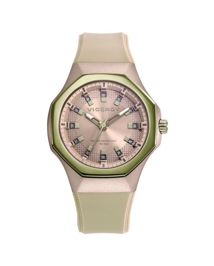viceroy Reloj caja de aluminio beige con bisel de acero Ip verde 5 atm correa de silicona beige movimiento de cuarzo