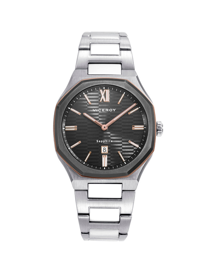 viceroy Reloj colección Laura Escanes caja de acero con doble bisel en Ip gris y rosa con cristal zafiro 10 atm y brazalete de acero con movimiento cuarzo