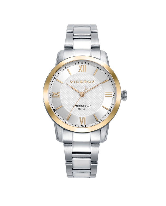 viceroy Reloj de acero con bisel e índices dorados y movimiento de cuarzo
