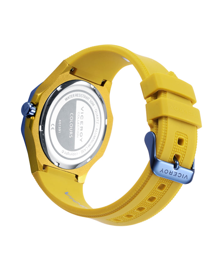 viceroy Reloj caja de aluminio amarillo con bisel de acero Ip azul 5 atm correa de silicona amarilla movimiento de cuarzo 2025