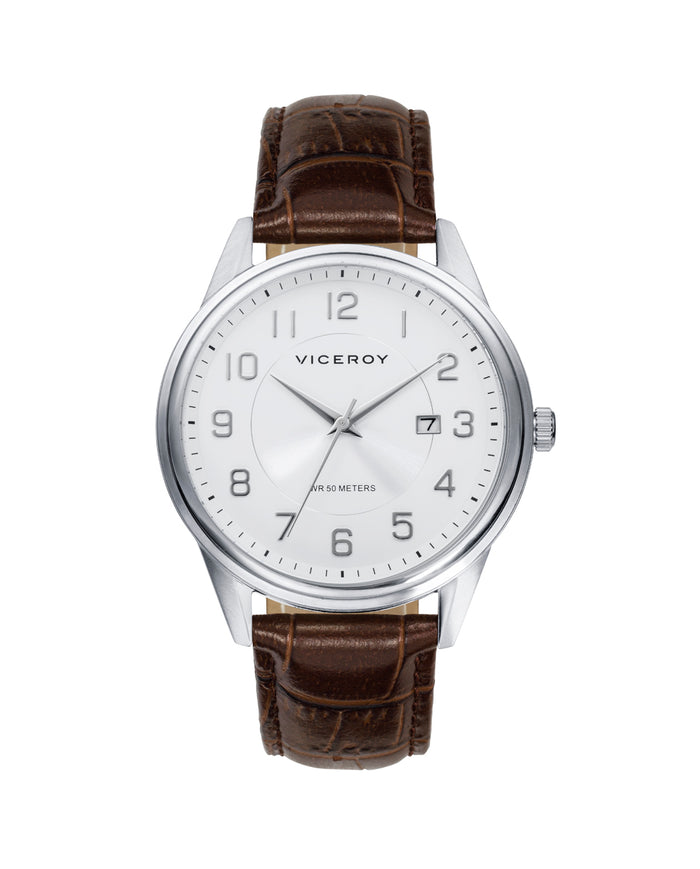 viceroy Reloj de hombre Grand 3 agujas de acero y correa de piel marrón