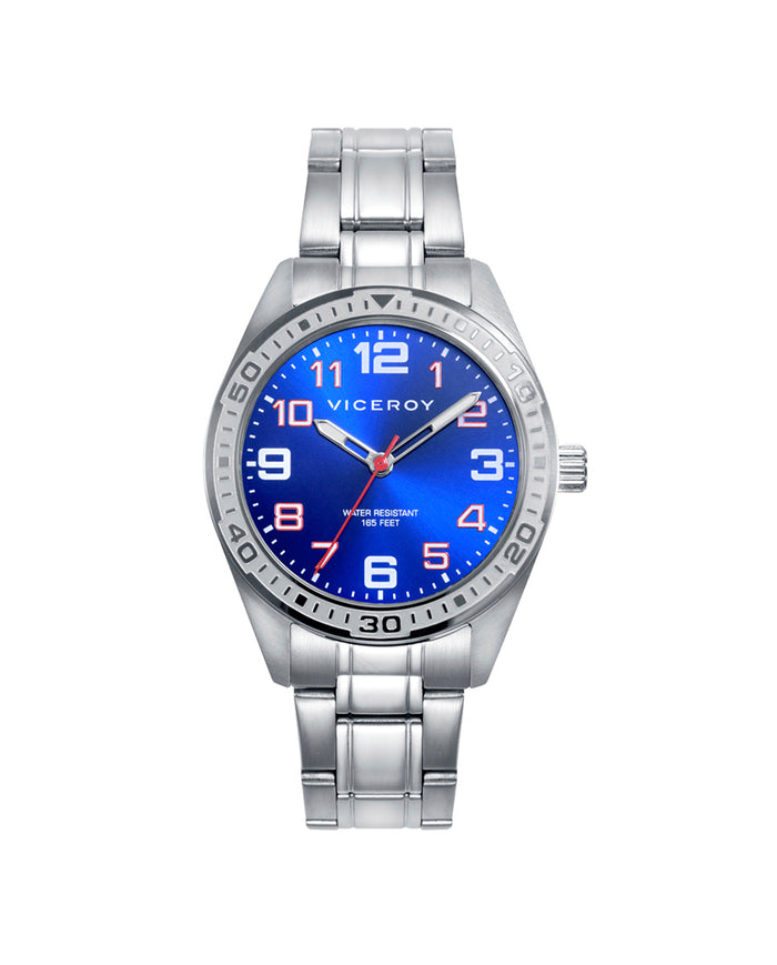 viceroy Reloj de niño con caja de acero y esfera azul. Pulsera de piel trenzada azul con placa de acero y detalles en esmalte de regalo