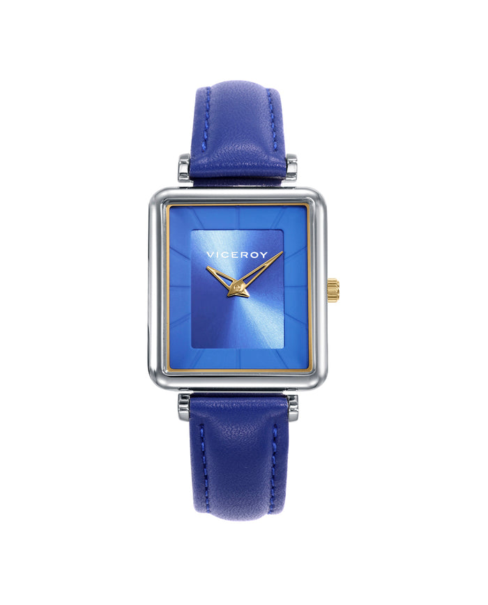 viceroy Reloj caja de acero con corona en Ip dorado y correa de piel azul con movimiento cuarzo