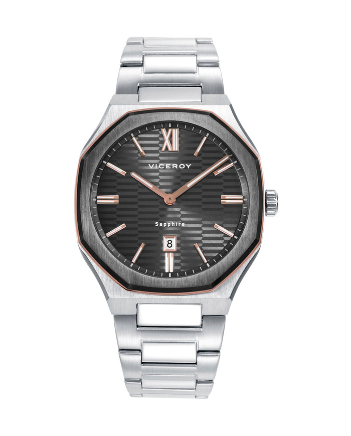 viceroy Reloj colección Laura Escanes caja de acero con doble bisel en Ip gris y rosa con cristal zafiro 10 atm y brazalete de acero con movimiento cuarzo
