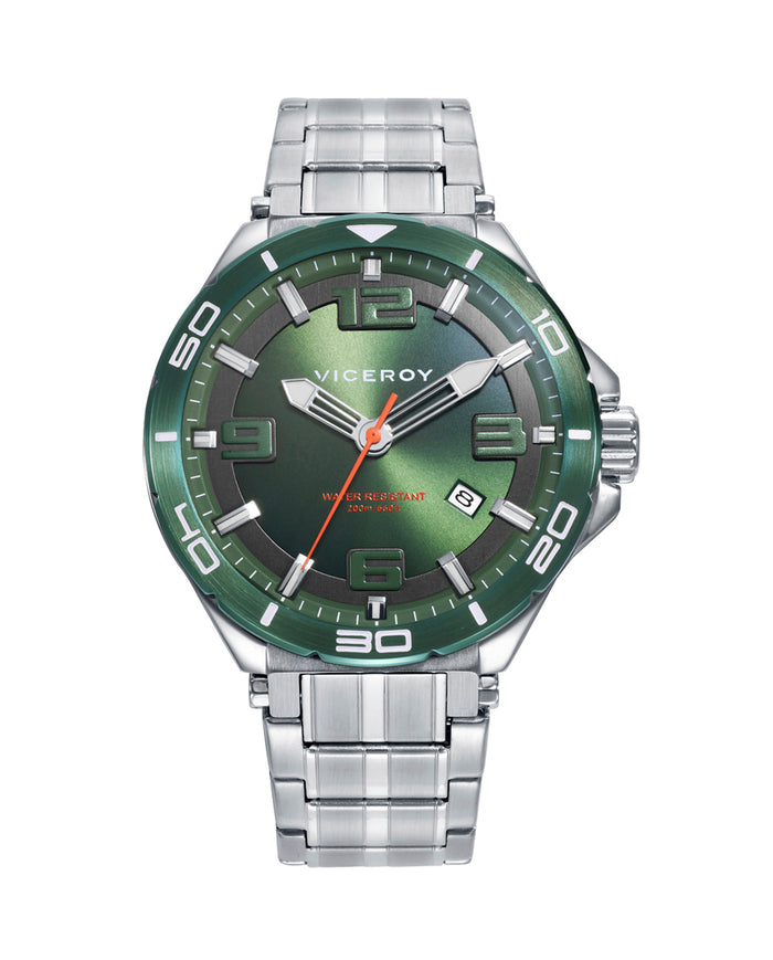 viceroy Reloj caja de acero con bisel verde 20 atm y brazalete de acero con movimiento cuarzo