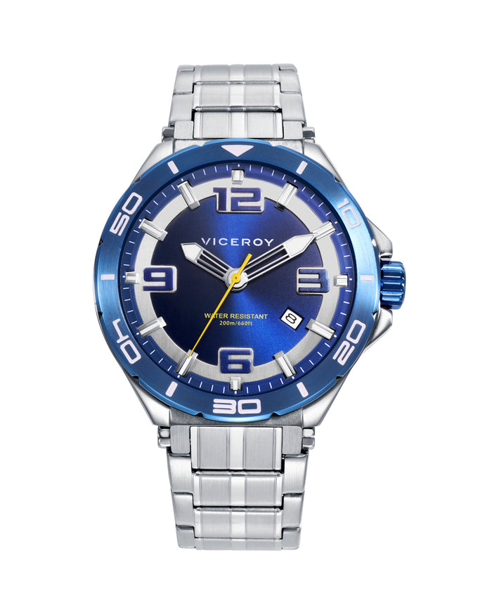 viceroy Reloj caja de acero con bisel azul 20 atm y brazalete de acero con movimiento cuarzo