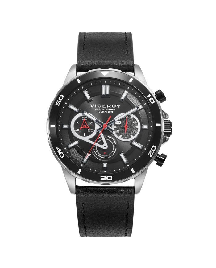 viceroy Reloj caja de acero con bisel de aluminio negro 10 atm y correa de piel negra con movimiento cuarzo