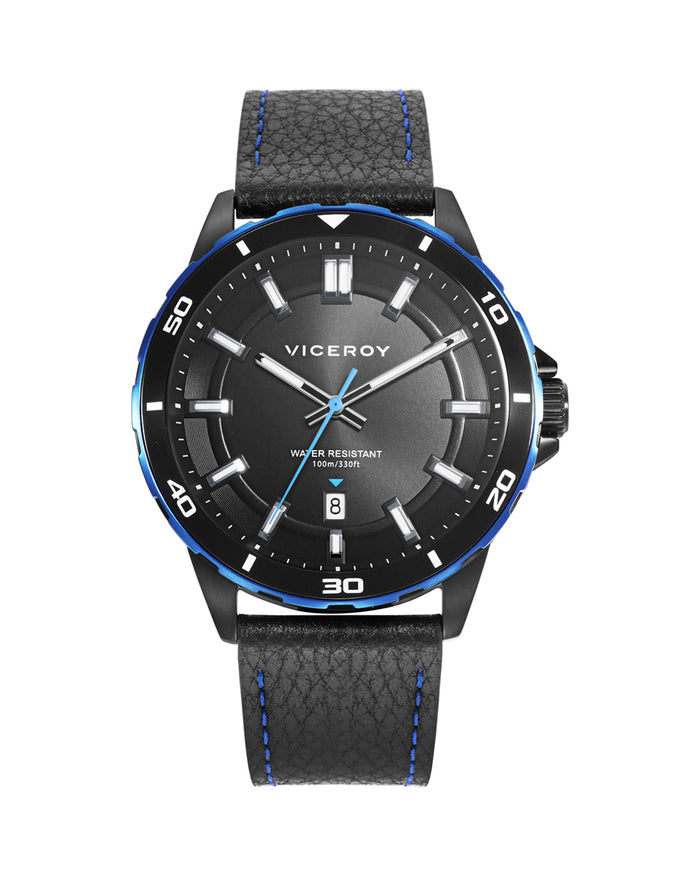 viceroy Reloj caja de acero bitono en Ip negro y azul con bisel de aluminio negro 10 atm y correa de piel negra con movimiento cuarzo