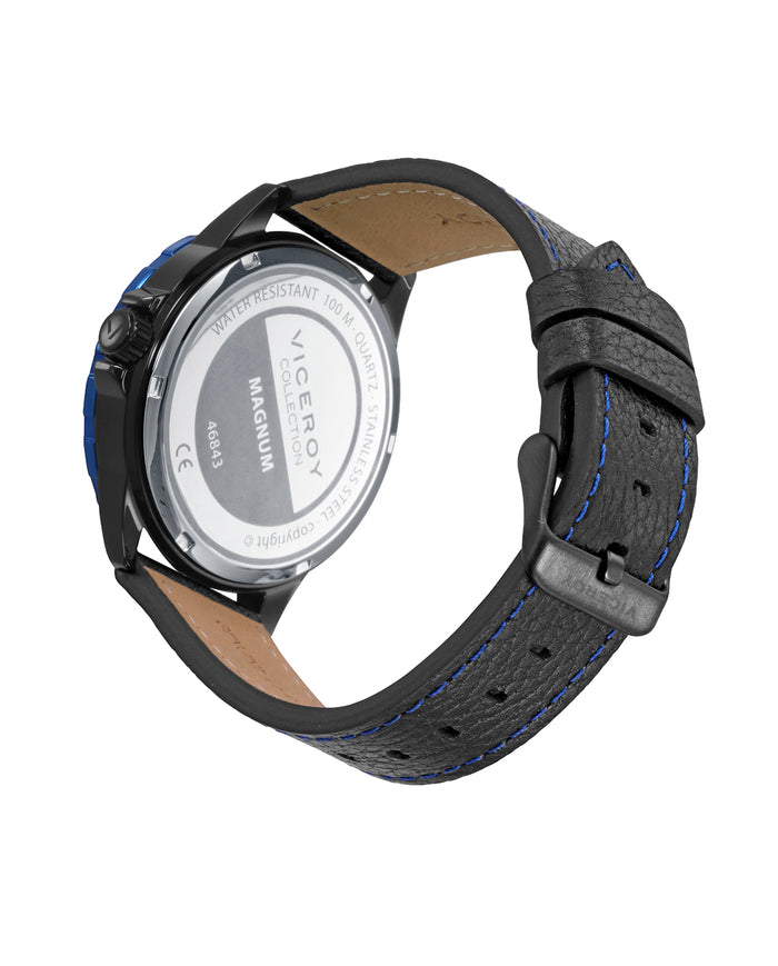 viceroy Reloj caja de acero bitono en Ip negro y azul con bisel de aluminio negro 10 atm y correa de piel negra con movimiento cuarzo Solo hoy