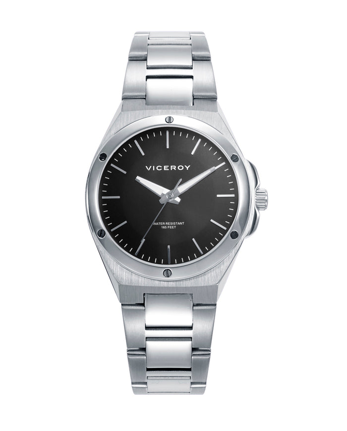 viceroy Reloj de acero con esfera negra de índices plateados