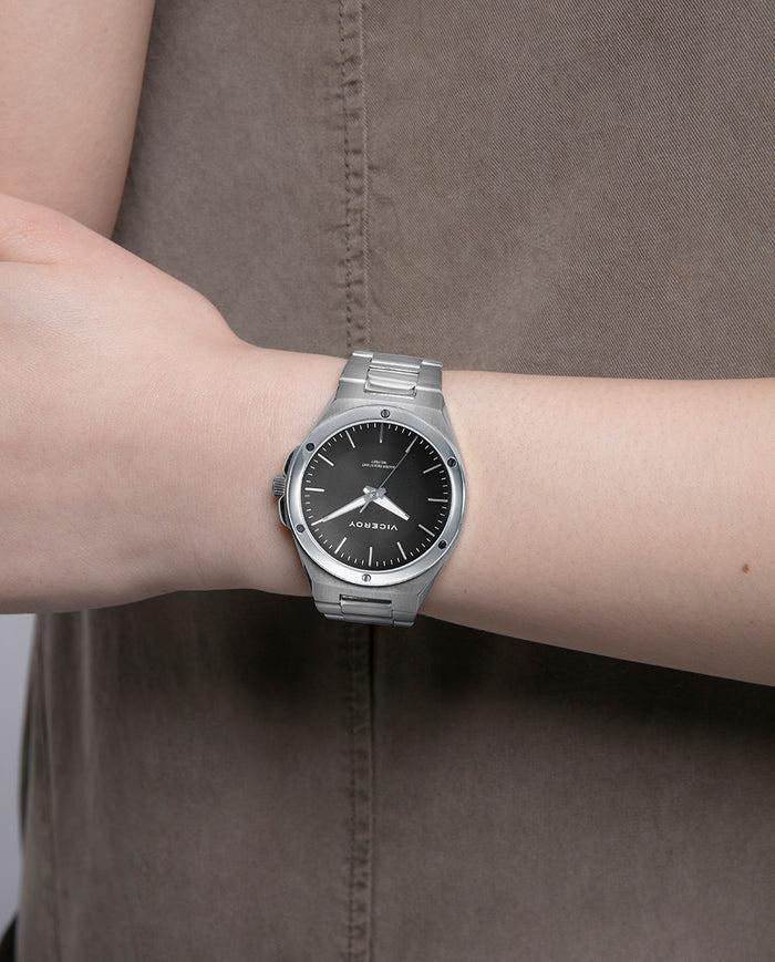 viceroy Reloj de acero con esfera negra de índices plateados Rebajas baratas