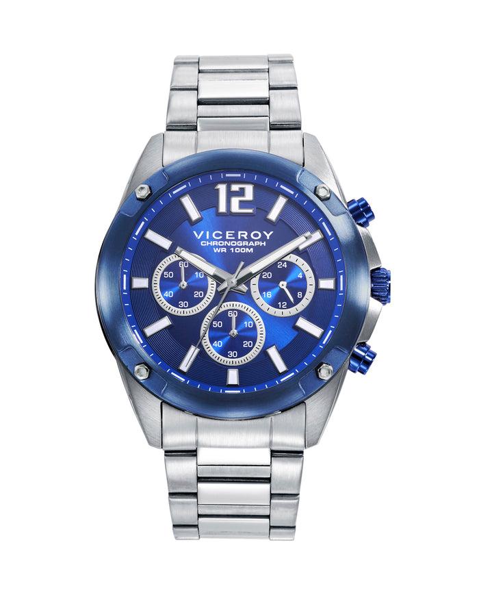 viceroy Reloj caja de acero con bisel Ip azul 10 atm y brazalete de acero con movimiento cuarzo