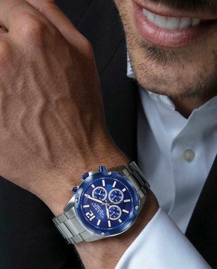 viceroy Reloj caja de acero con bisel Ip azul 10 atm y brazalete de acero con movimiento cuarzo Envío gratis