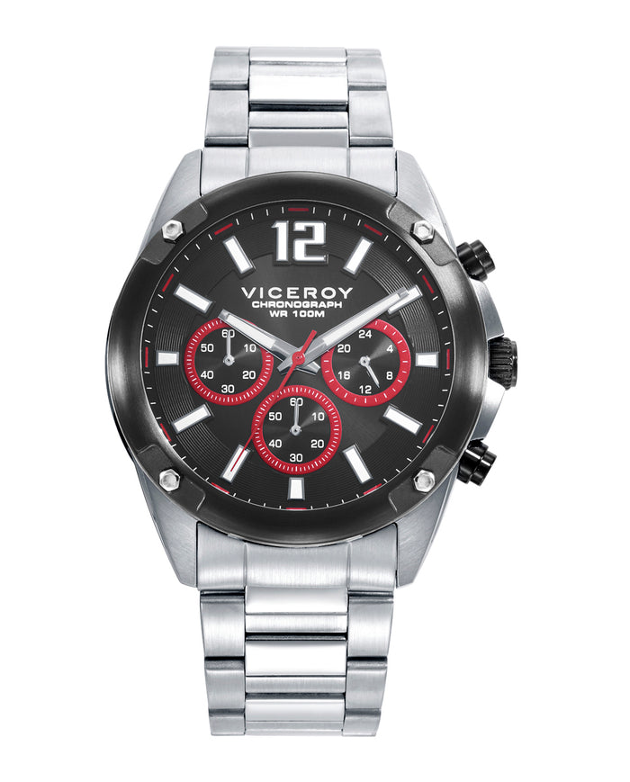 viceroy Reloj caja de acero con bisel Ip negro 10 atm y brazalete de acero con movimiento cuarzo