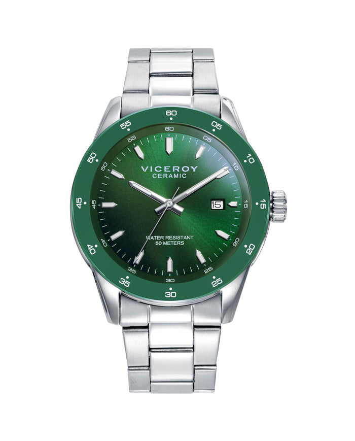 viceroy Reloj caja de acero con bisel cerámico verde 5 atm y brazalete acero con movimiento cuarzo