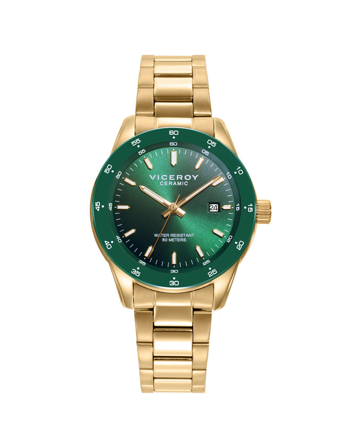 viceroy Reloj caja de acero Ip dorado con bisel cerámico verde 5 atm y brazalete acero Ip dorado con movimiento cuarzo