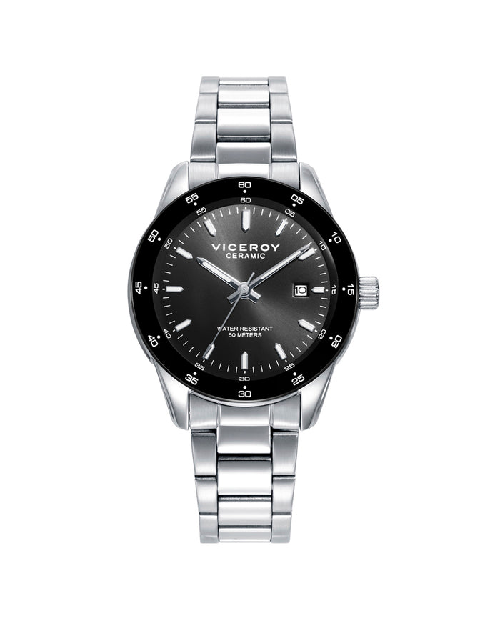 viceroy Reloj caja de acero con bisel cerámico negro 5 atm y brazalete acero con movimiento cuarzo