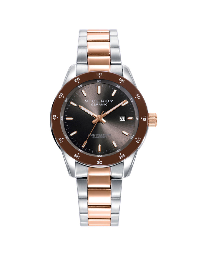 viceroy Reloj caja de acero con bisel cerámico marrón 5 atm y brazalete bicolor acero Ip rosa con movimiento cuarzo