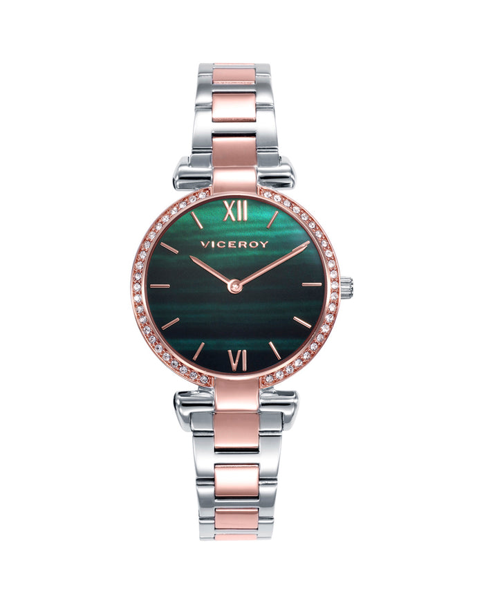 viceroy Reloj caja bicolor de acero e Ip rosa con bisel de circonitas blancas 5 atm y brazalete bicolor de acero e Ip rosa con movimiento cuarzo