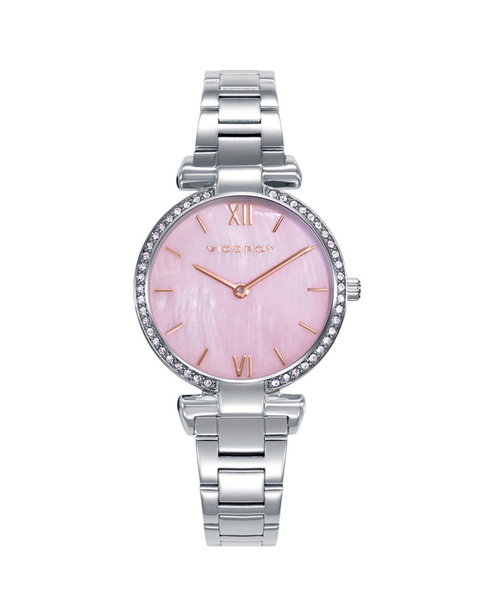 viceroy Pack reloj con pulsera caja de acero con bisel circonitas 5 atm con esfera madreperla rosa y brazalete de acero con movimiento cuarzo