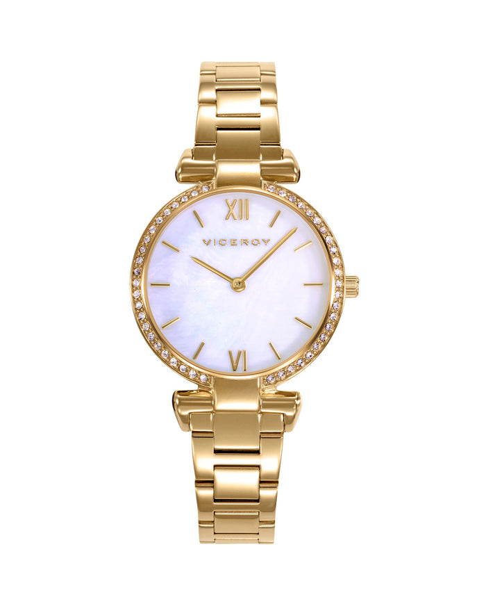 viceroy Reloj caja de acero Ip dorado con bisel de circonitas blancas 5 atm con esfera madreperla y brazalete Ip dorado con movimiento cuarzo