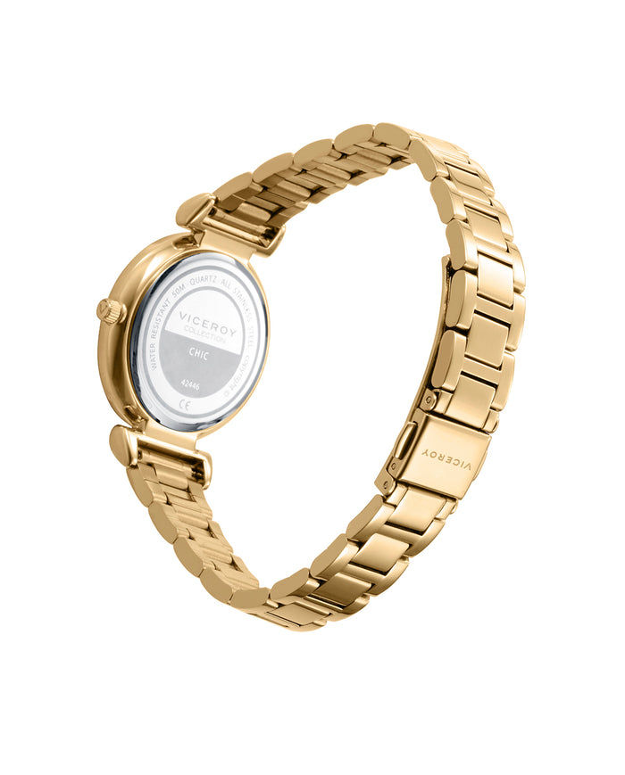 viceroy Reloj caja de acero Ip dorado con bisel de circonitas blancas 5 atm con esfera madreperla y brazalete Ip dorado con movimiento cuarzo Últimos 3 días