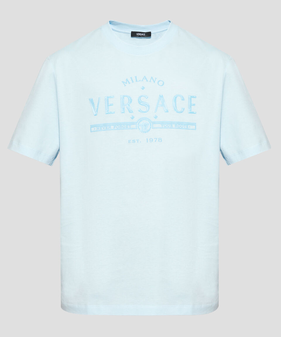 Versace Playera de cuello redondo y manga corta estampada Hombre Venta caliente