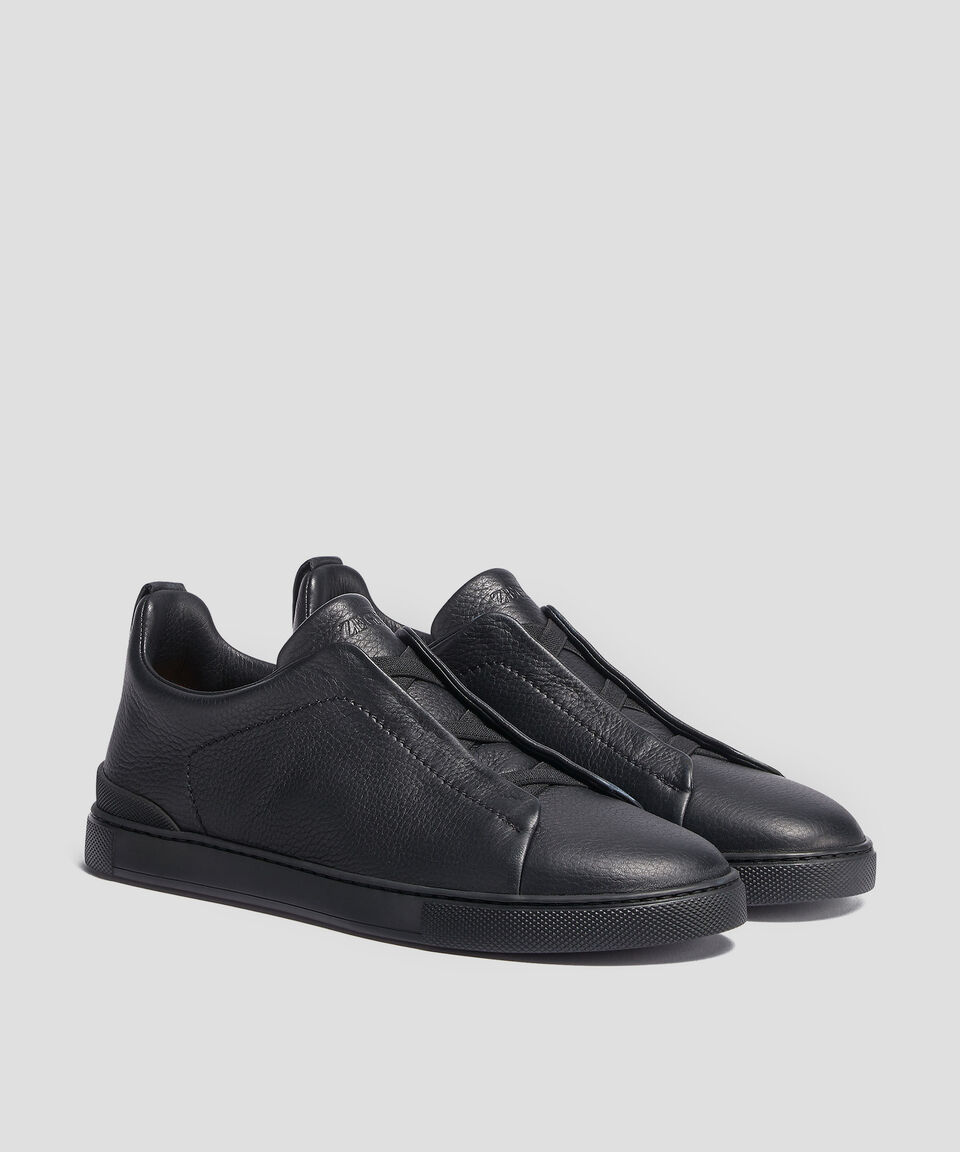 Zegna Tenis casuales Triple Stitch en piel negra Hombre Rebajas baratas
